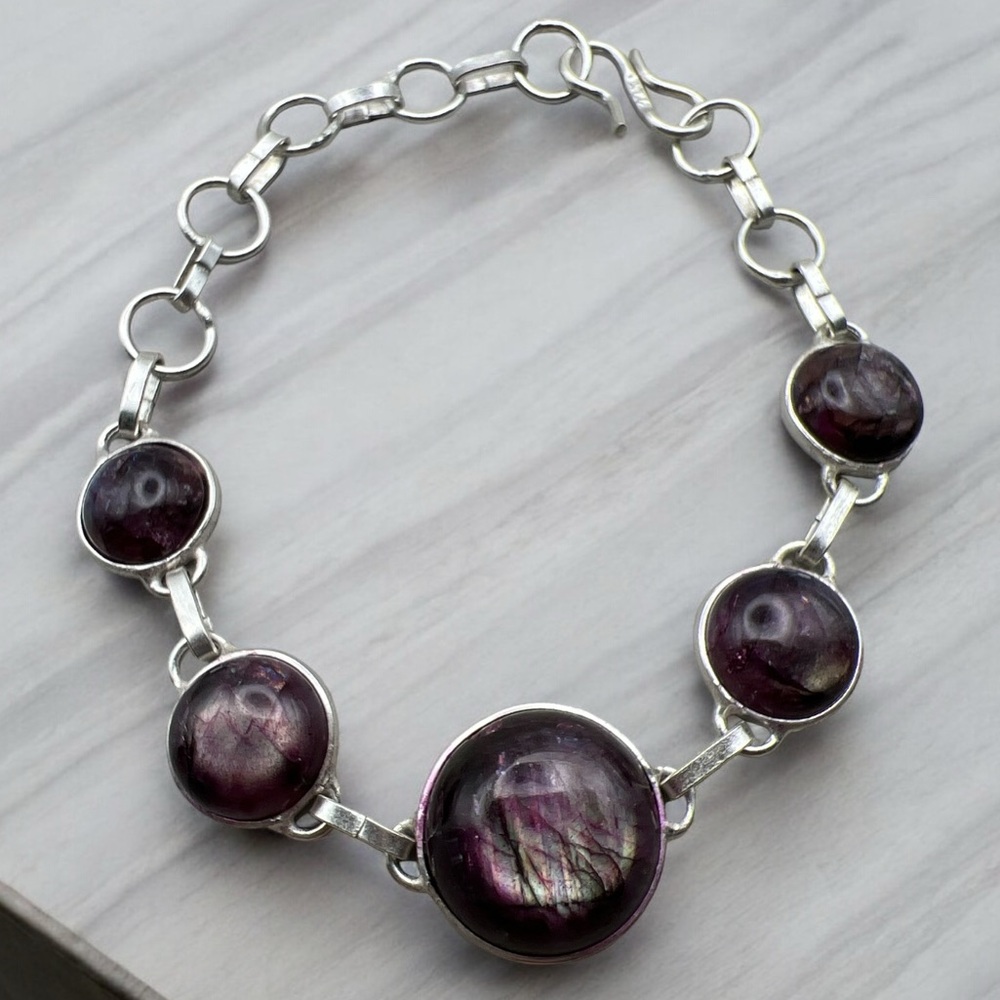 New Purple Enhanced Labradorite Stone Silver Overlay Bracelet 6” - 7.5”